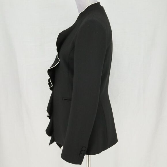 Zara Basic Jacket Womens Small Black White Trim Ruffle Front Lined Open Pockets - Picture 16 of 16